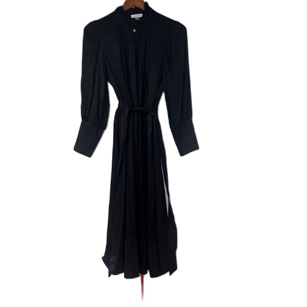 Calvin Klein woman's black herringbone shirtdress LBD gold buttondown highwaist